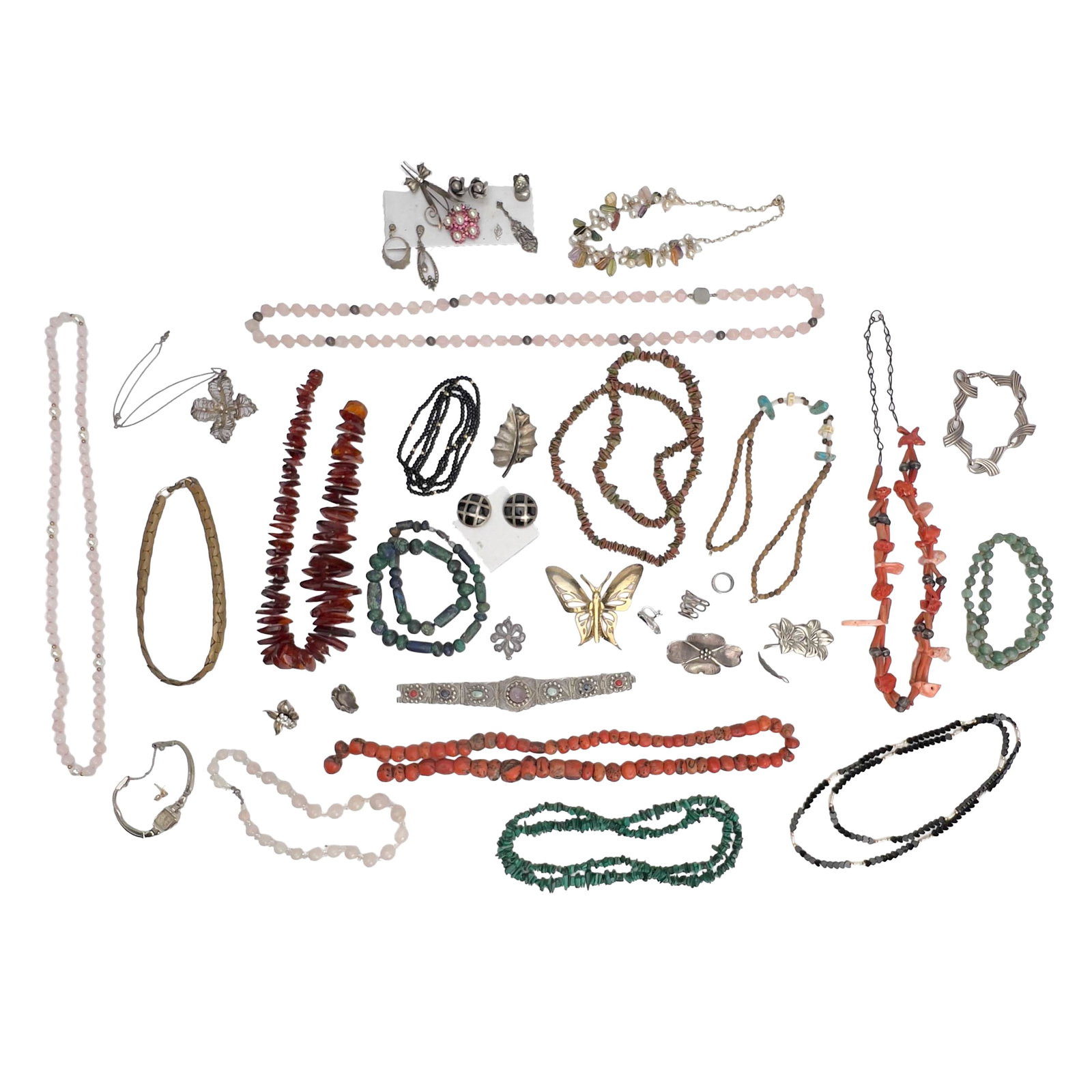 A Sterling Silver Multi ,-gem and Semi-precious Stone Jewelry Group: Lot 131 A Sterling Silver Multi -gem and Semi-precious Stone Jewelry Group Sterling silver, 14k white gold, 14k yellow gold, diamond, amber, jade, coral, rose quartz, malachite, lapis lazuli some