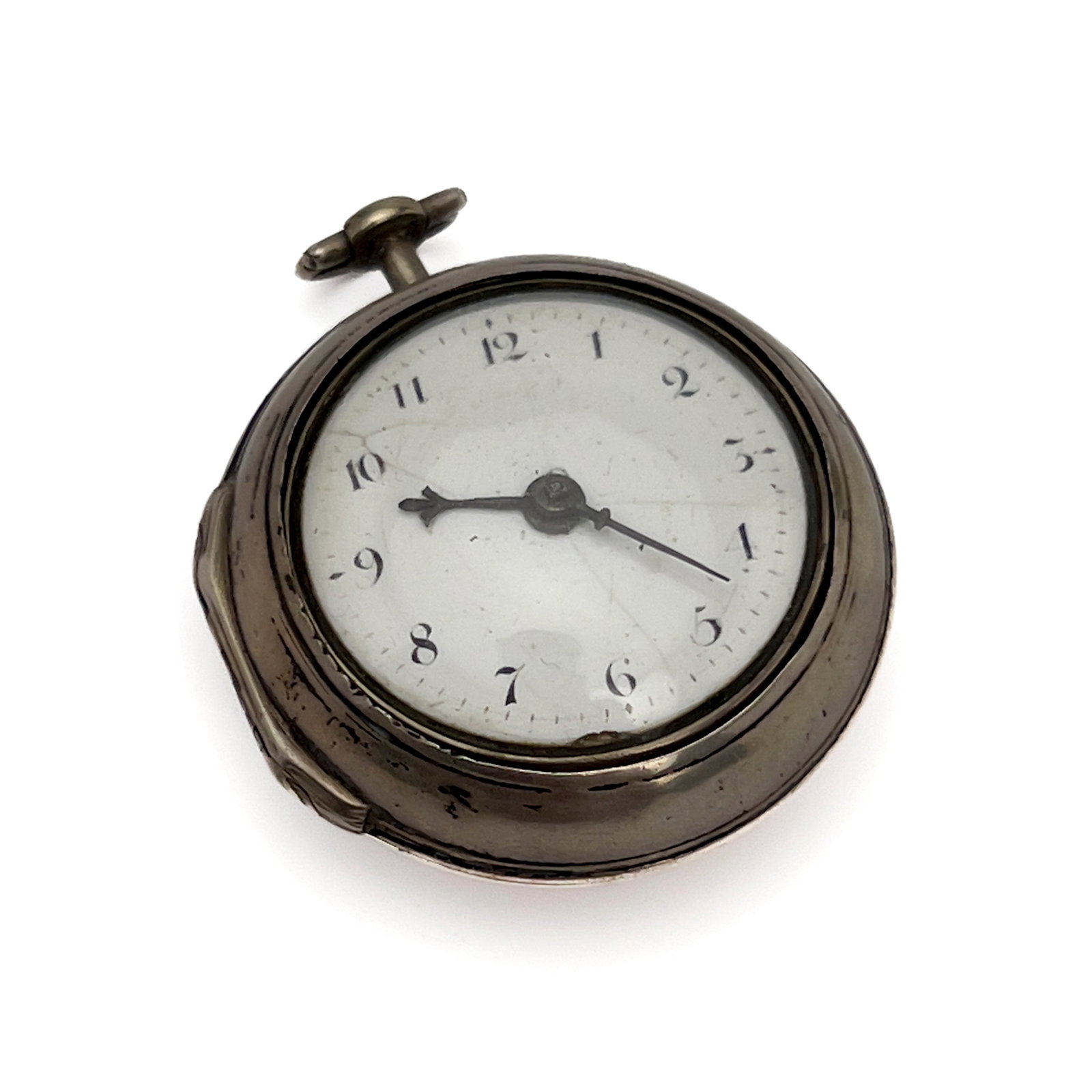 George III Sterling Silver Pair Case Pocket Watch, Higgs & Evans: Lot 139 George III Sterling Silver Pair Case Pocket Watch, Higgs & Evans Sterling silver, enamel, steel, glass 2 1/2 x 2 x 3/4 inches hallmarked Description: An open-face sterling silver pair case mec
