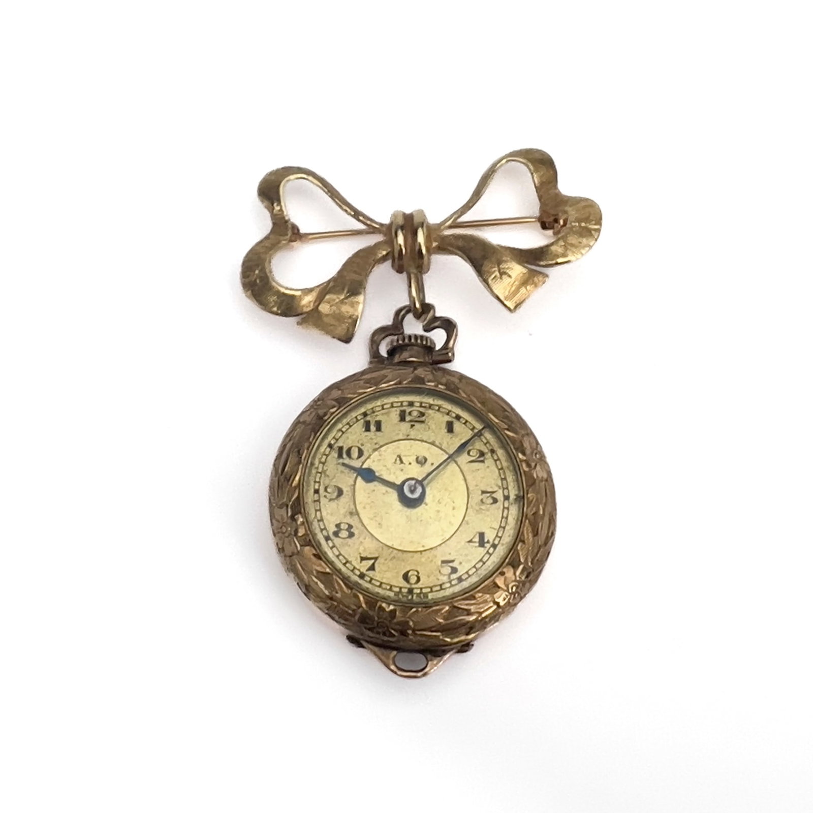 Swiss Gold-Tone Pendant Watch on a 14K Yellow Gold Bow Brooch (1 of 4)