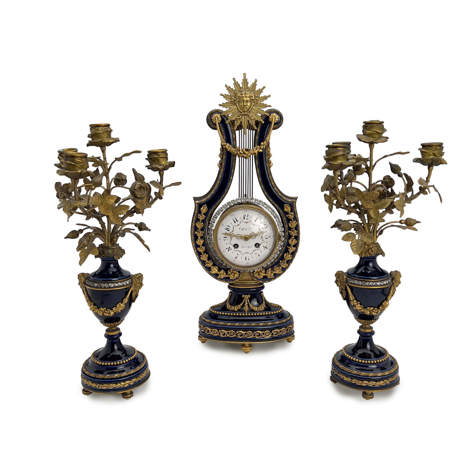 Tiffany & Co. - Three-Piece Gilt Bronze and Porcelain Clock Garniture Set (1 of 6)