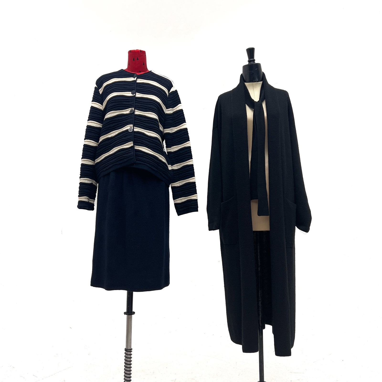 A Three-Piece Knit Apparel Group, Rodier: Lot 183 A Three-Piece Knit Apparel Group, Rodier (Late 20th Century) Wool, acrylic knit fabric Description: A Rodier three-piece knit apparel group of separates, comprising a black long-sleeved robe