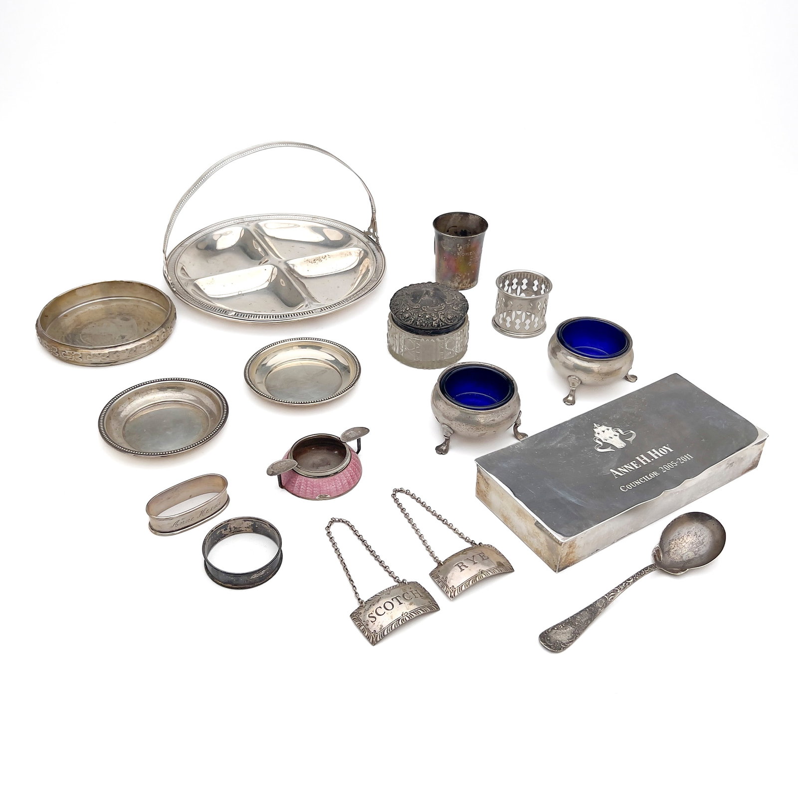 Silver Accessories, Vanity and Table Items: Lot 188 Silver Accessories, Vanity and Table Items sterling silver mostly stamped Description: A group of sterling silver accessories, vanity and table items including a segmented dish with handle (8 