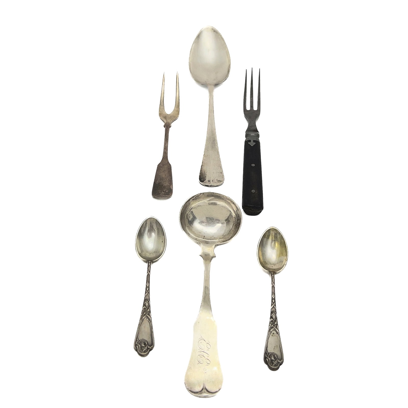 Group of Coin and 800 Silver Flatware, Various Makers: Lot 194 Group of Coin and 800 Silver Flatware, Various Makers (19th to 20th Century) coin and 800 silver largest spoon: 8 1/4 inches stamped Description: A silver flatware group fabricated from coin