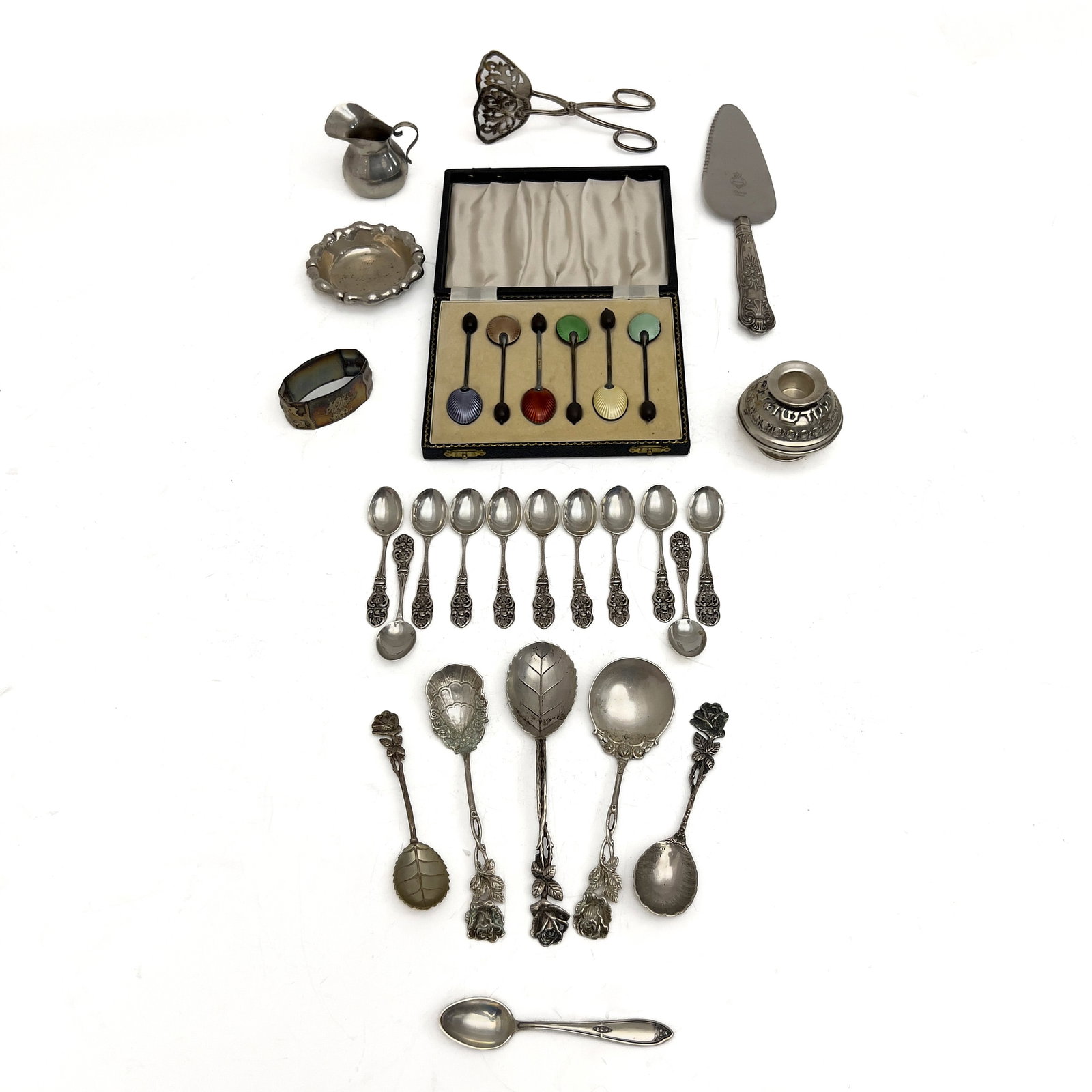 A Group of Continental Silver Table Articles, Judaica, and Cased Enamel Sterling Coffee Spoons (1 of 3)