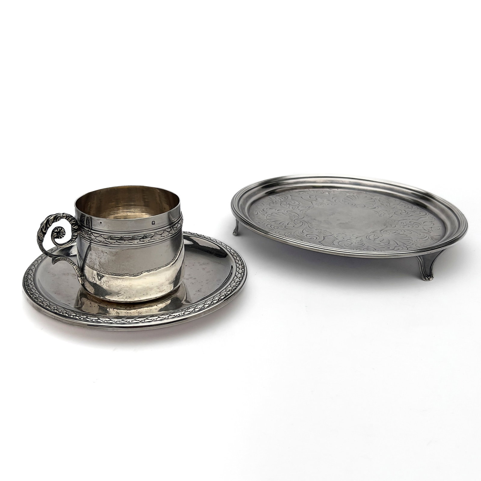 A Sterling Silver Georgian Footed Salver and French Coffee Cup with Saucer (1 of 5)