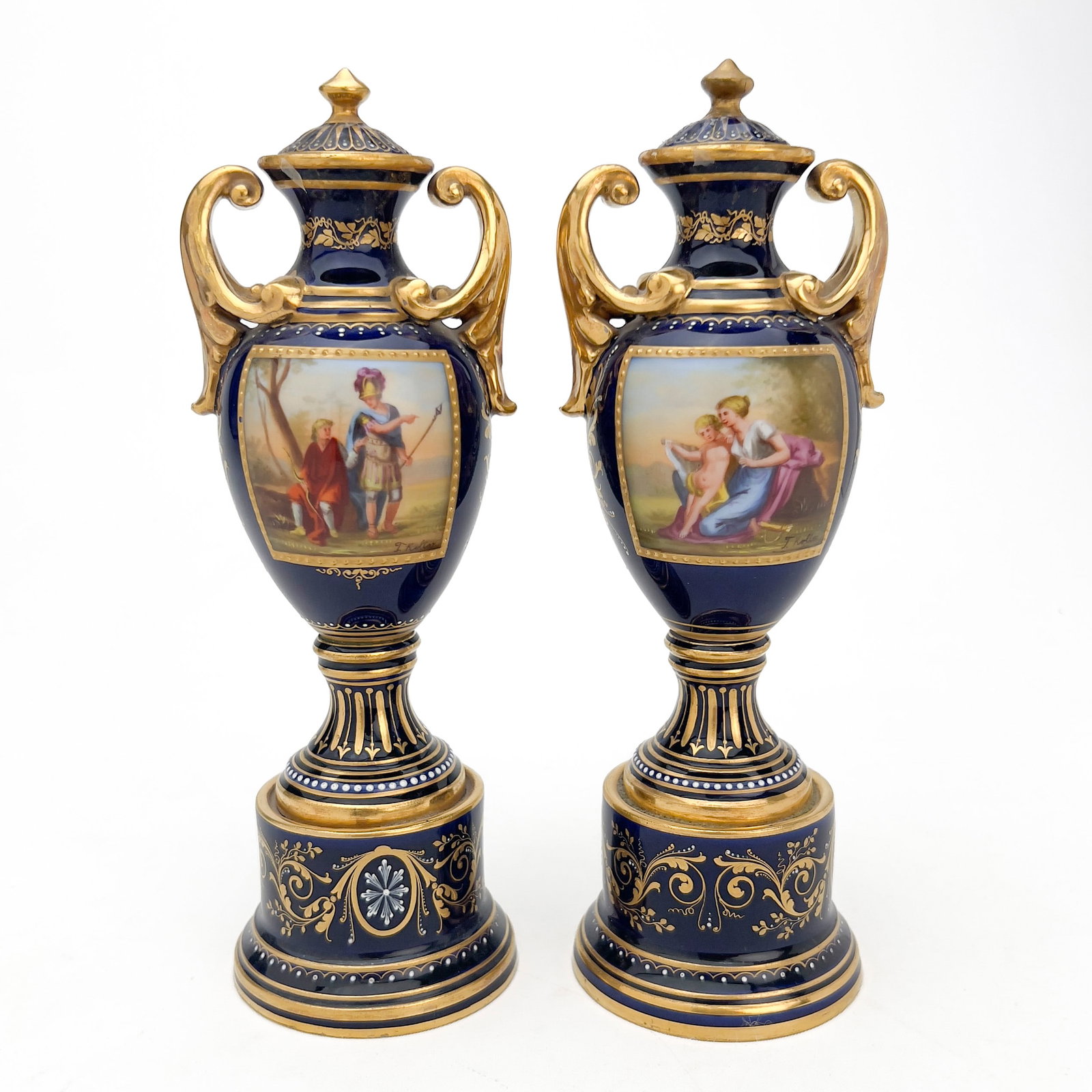 A Pair of Vienna Style Painted and Gilt Porcelain Covered Mantle Vases, Signed Koller (1 of 5)