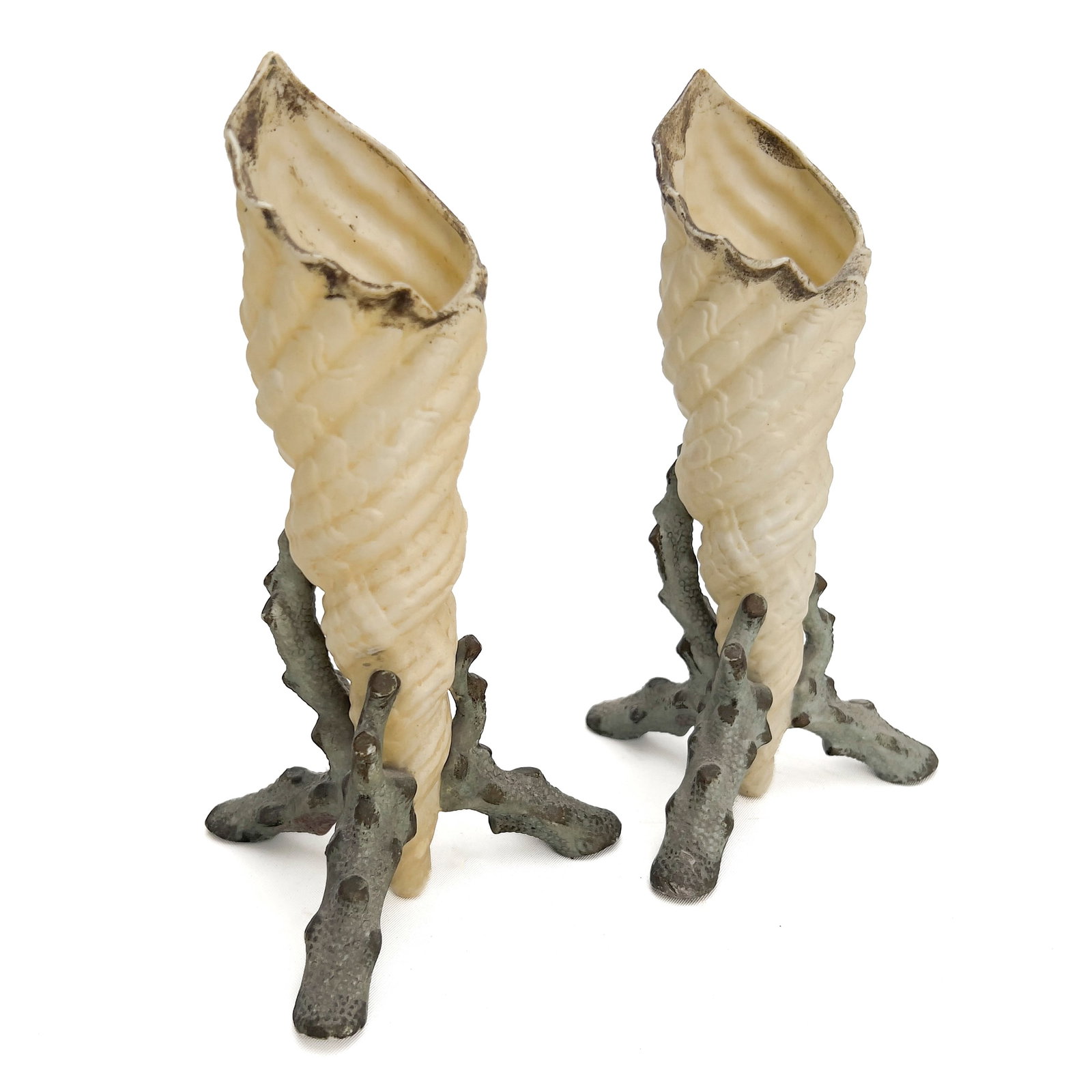 German Royal Sachsen Porcelain Cornucopia Shell Vases on Coral Branch Bases (1 of 6)