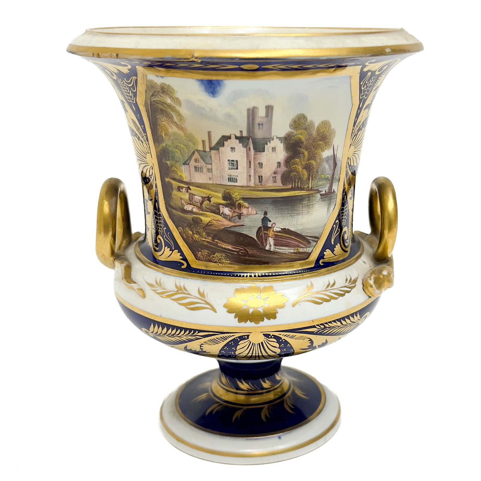 Bloor Derby - A Porcelain Two-Handled Binham Abbey Urn: Lot 257 Bloor Derby English A Porcelain Two-Handled Binham Abbey Urn Porcelain, enamel pigment, gold leaf 8 1/4 x 6 1/2 inches Description: An English Bloor Derby porcelain campana-form urn featurin
