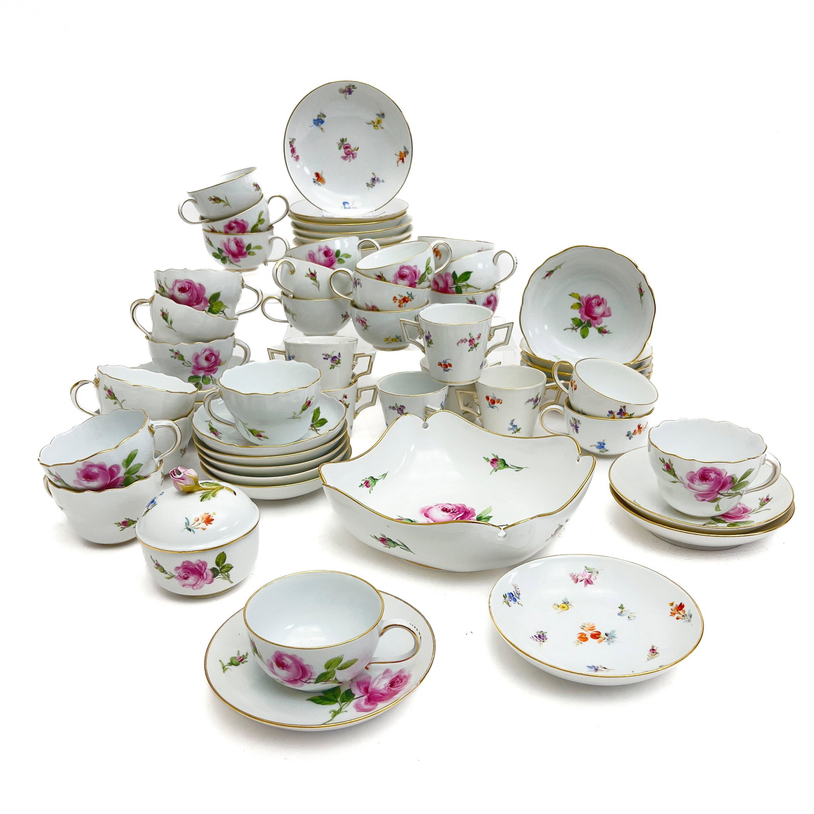 Meissen - Porcelain Rose Group Tableware: Lot 259 Meissen German Manufacturer (Founded 1710) Porcelain Rose Group Tableware (19th/20th Century) Porcelain, Gold Gilt marked Description: An assembled Meissen porcelain tableware group decorate