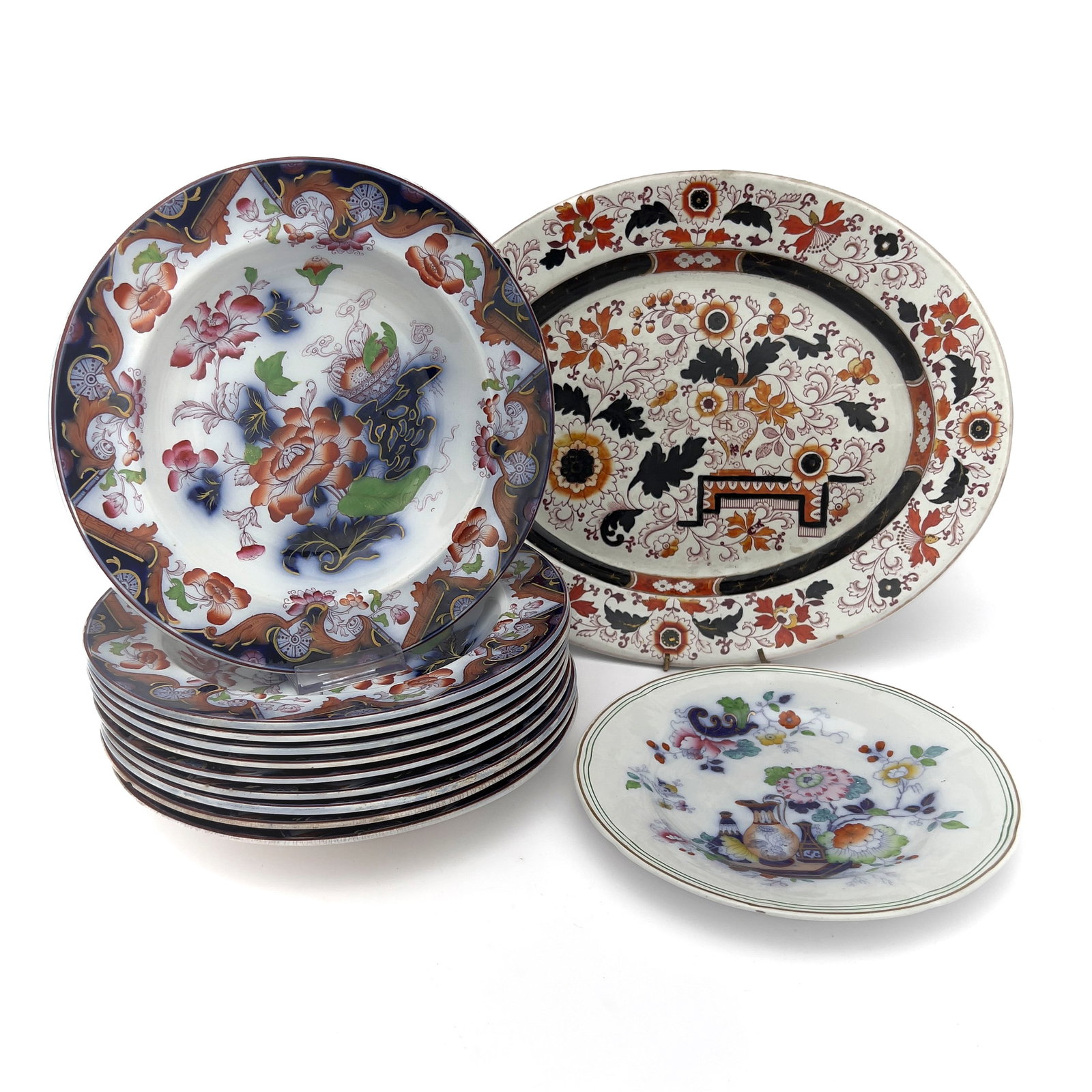 English Imari-Palette Ironstone Platter and Continental Porcelain Plates Lot (1 of 5)