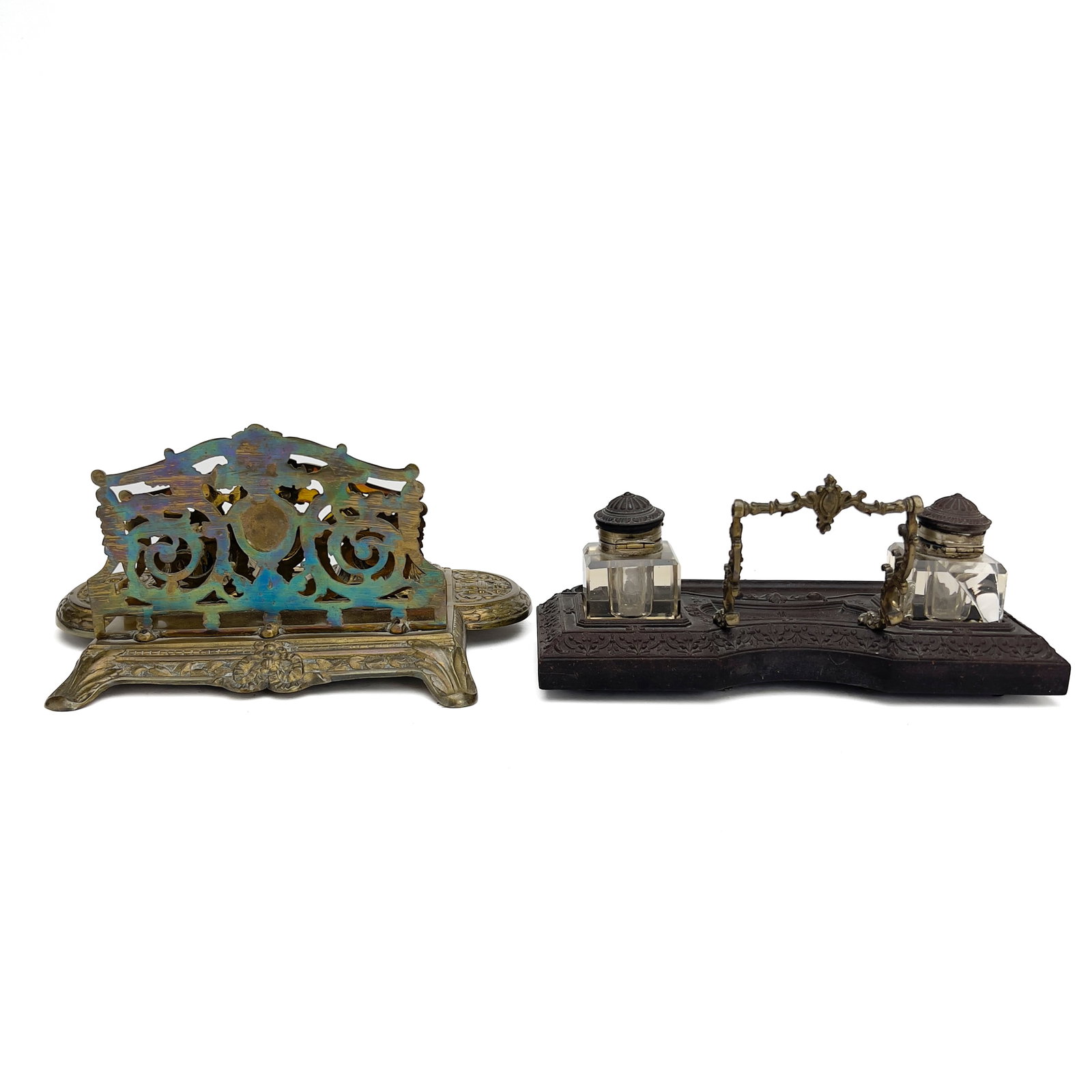 Victorian Renaissance Revival Cast Brass and Wood Inkstands, Continental or American: Lot 281 Victorian Renaissance Revival Cast Brass and Wood Inkstands, Continental or American (Late 19th Century) Brass, wood, glass, porcelain brass: 6 x 12 x 10 inches Description: Two desk set writi