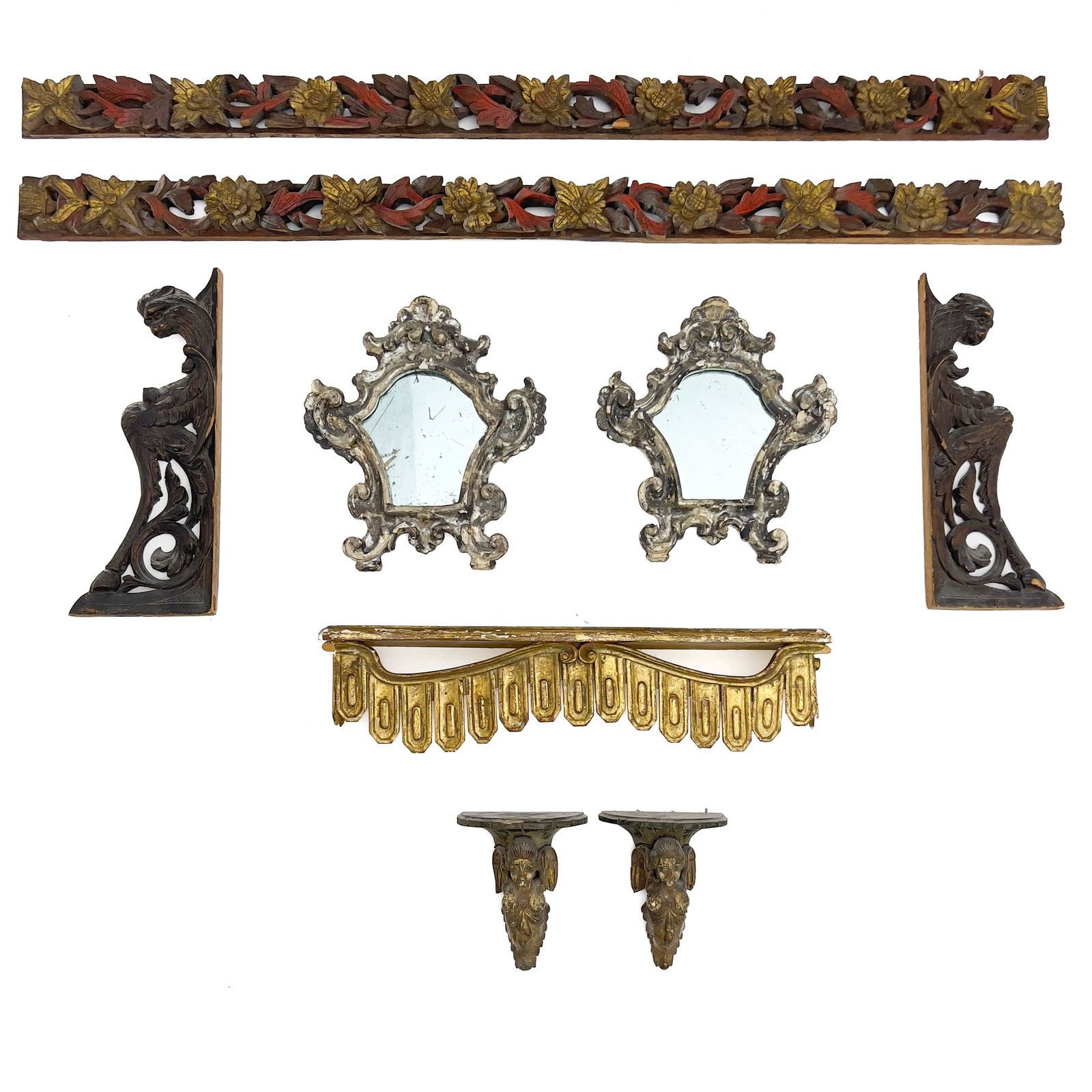 An Assemblage of Continental Rococo and Venetian Style Painted Carved Wood Decorative Elements (1 of 2)