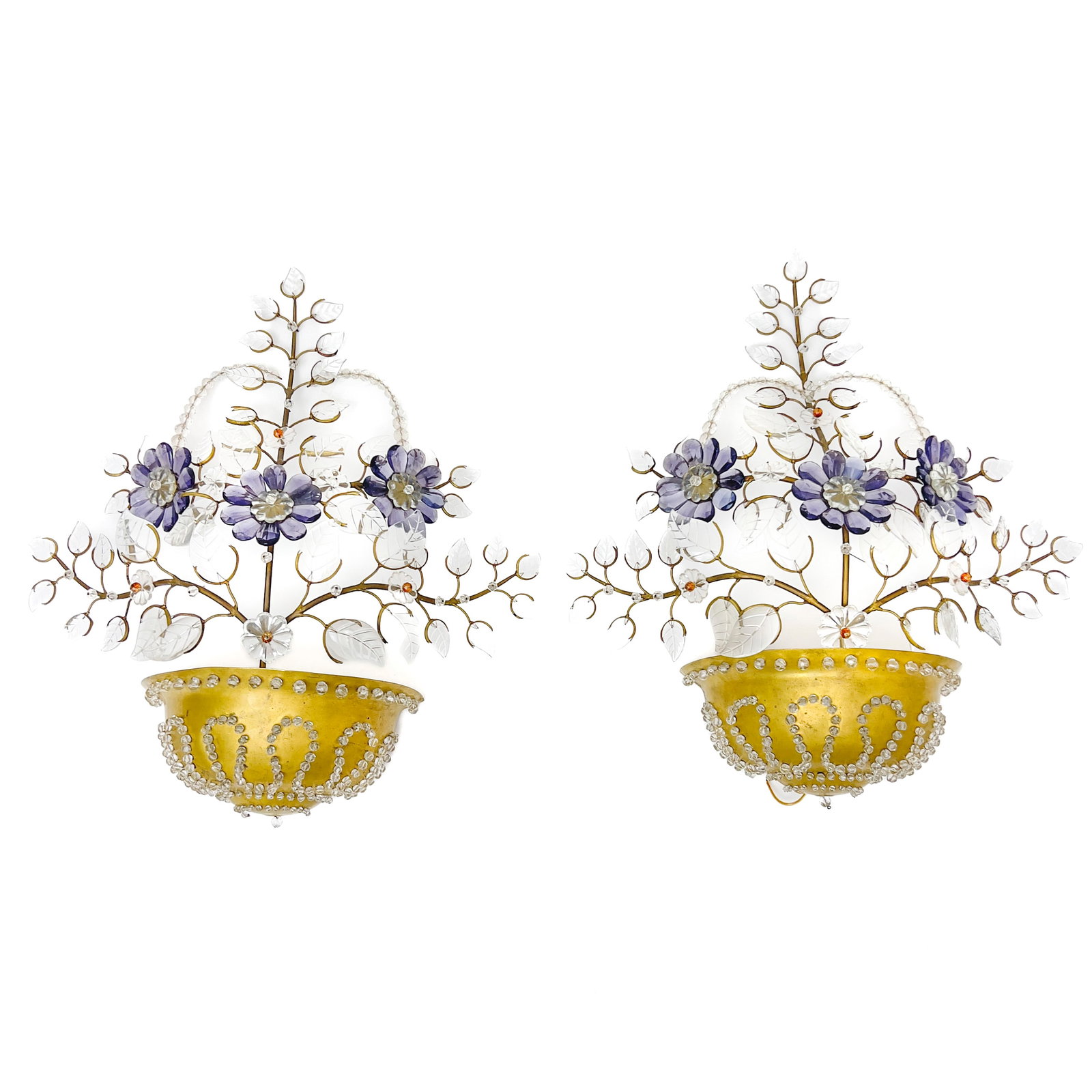 A Pair of Brass and Crystal Floral Wall Sconces (1 of 8)