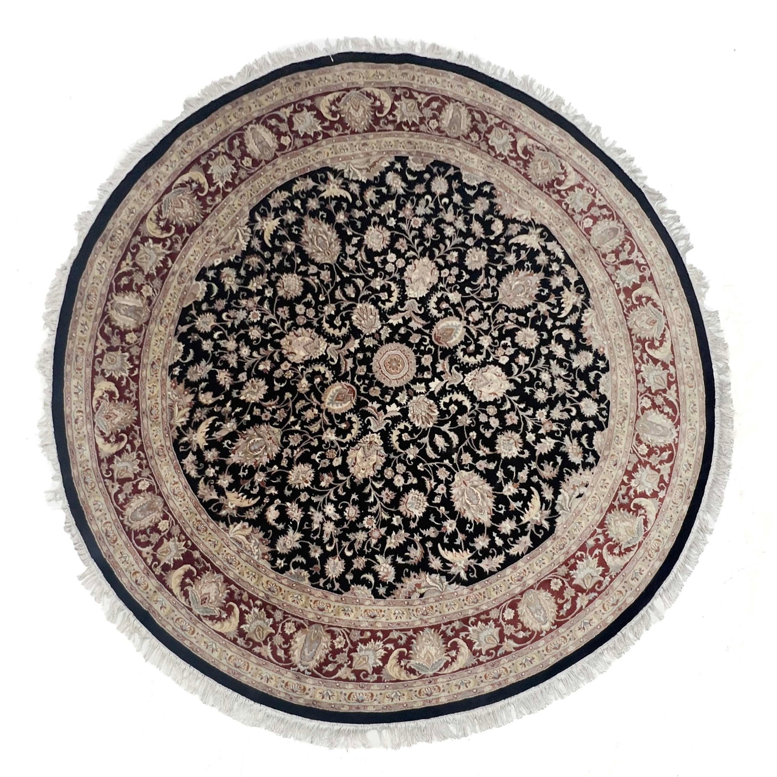 Large Persian Tabriz Round Rug: Lot 315 Large Persian Tabriz Round Rug Wool, cotton 98 x 98 inches Description: A large-scale circular hand-knotted Persian Tabriz carpet featuring an intricate central medallion surrounded by concent