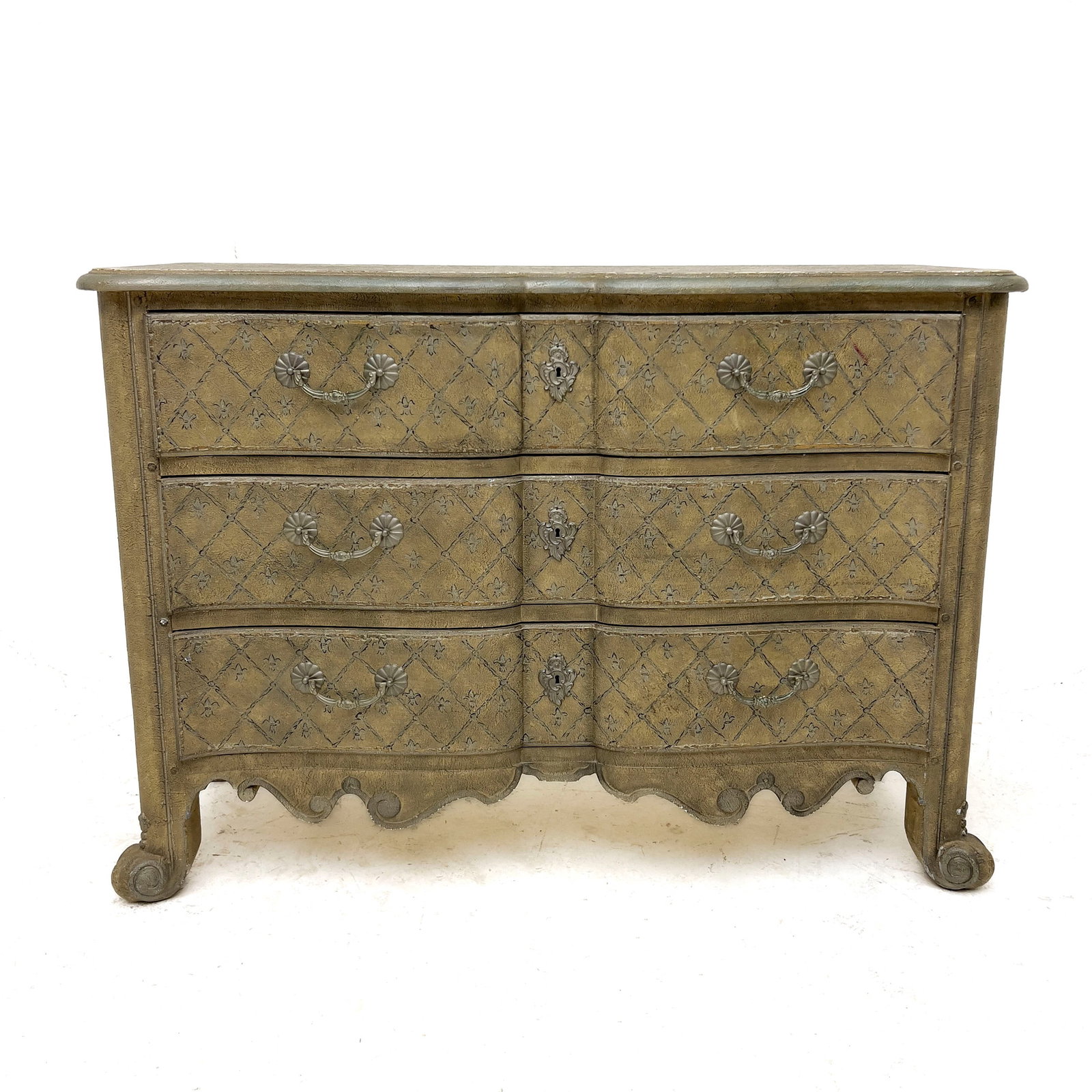 Baker - French Provincial Louis XV Style Painted Commode: Lot 330 Baker American Manufacturer (Founded 1890) French Provincial Louis XV Style Painted Commode (20th Century) Wood, brass, paint 34 x 48 x 18 inches Description: A Baker Furniture French Provin