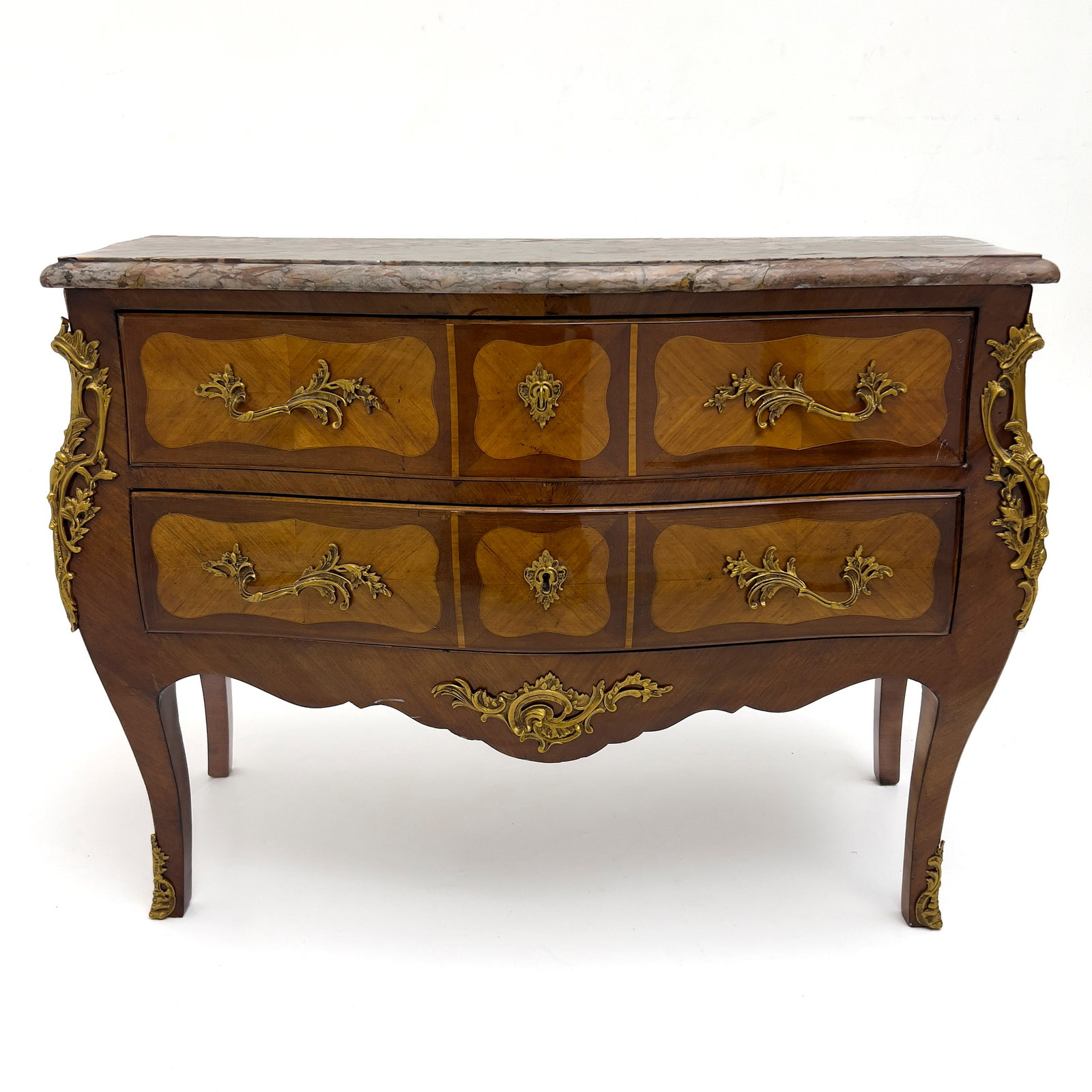 French Provincial Louis XV Style Kingwood and Marquetry Bombé Commode (1 of 8)
