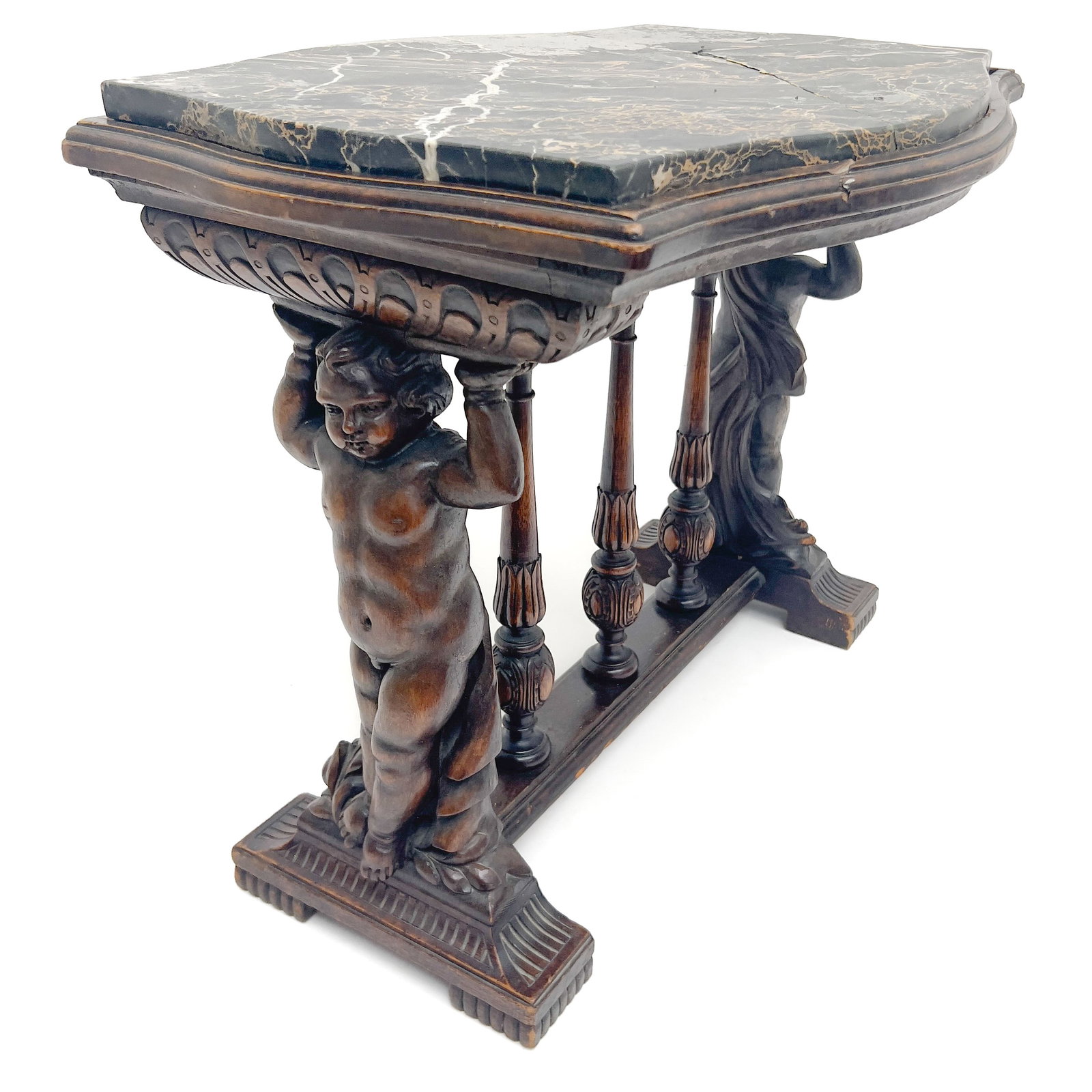 Italian Renaissance Revival Carved Walnut and Marble Pedestal Side Table (1 of 3)