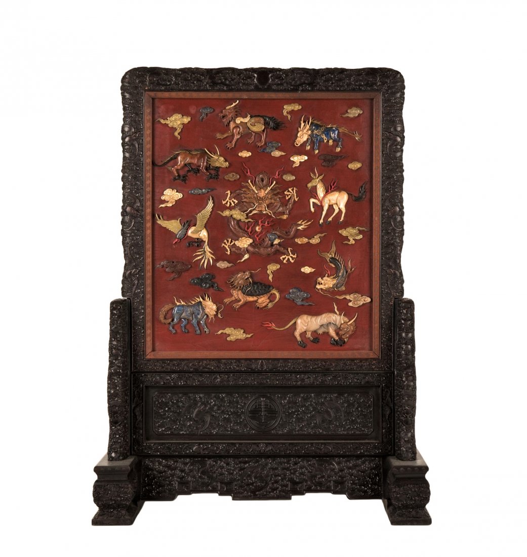 A HARD STONES INLAID RED LACQUERED TABLE SCREEN (1 of 10)