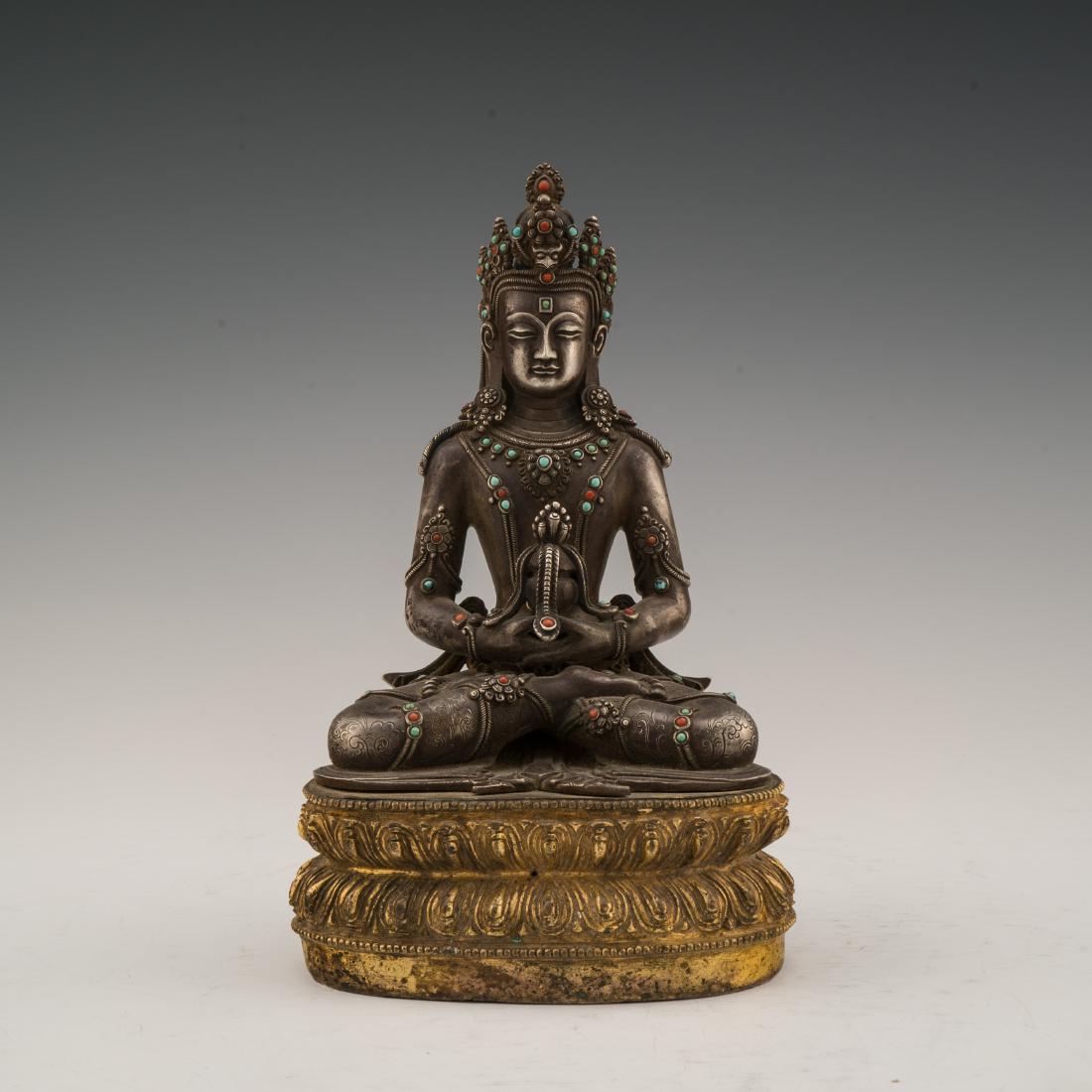 QING SILVER GILT STONE INLAID AMITAYUS BUDDHA (1 of 12)