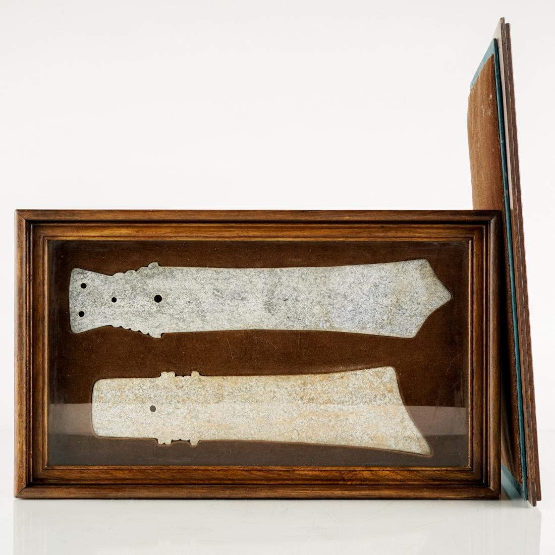 SET OF 2 PCS WARRING STATES JADE SPEAR ATTRIBUTES: RARE, Set of 2 pieces Chinese Warring States period or Early Han Dynasty antique jade ritual ceremonial spear attribute. pale-creme and grayish in color Nephrite jade plaques with sporadic inclusions