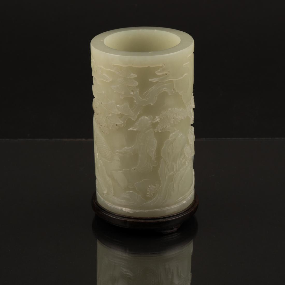 WHITE JADE CARVED CYLINDRICAL BRUSH POT ON STAND (1 of 10)