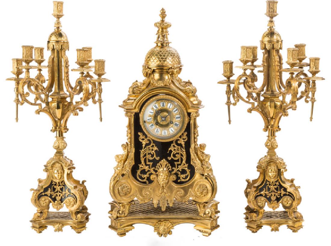 A LARGE LOUIS XVI-STYLE BRONZE THREE-PIECE CLOCK (1 of 1)
