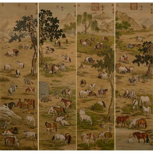 LANG SHINING, 4 QING HORSE SILK SCROLL PAINTINGS: EXTRAORDINARY, MAGNIFICENT, Set of 4 (pcs) Lang Shining (郎世寧; 19 July 1688-17 July 1766) aka Giuseppe Castiglione (Italian, 1688-1766) Chinese Qing Dynasty watercolor on silk, han