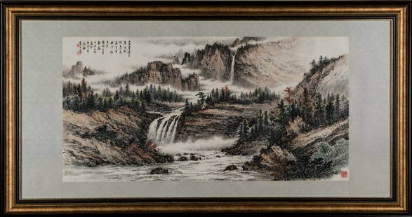 1967, FRAMED HUANG JUNBI LANDSCAPE PAINTING: Huang Junbi (黄君璧 1898-1881) framed Chinese traditional painting, ink and color on paper laid to silk, signed and dated. In the winter of Dingwei year (ca. 1967) as a gift for Mr.