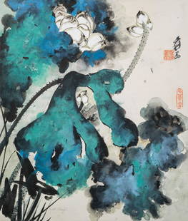 ZHANG DAQIAN LOTUS SCROLL PAINTING: Zhang Daqian (張大千; 1899-1983) Chinese traditional painting, ink and color on paper laid to silk, signed. Celestial Lotus buds and blooms emerge from spiritual cloud-form to create