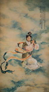 1929, XU BEIHONG POTRAIT OF MEI LANFANG SCROLL PAINTING: Xu Beihong (&#24464;&#24754;&#40251; 19 July 1895-26 September 1953) Chinese scroll painting, ink and color on paper laid to silk, hanging scroll. Signed and dated, in the late spring of Jisi year. (c