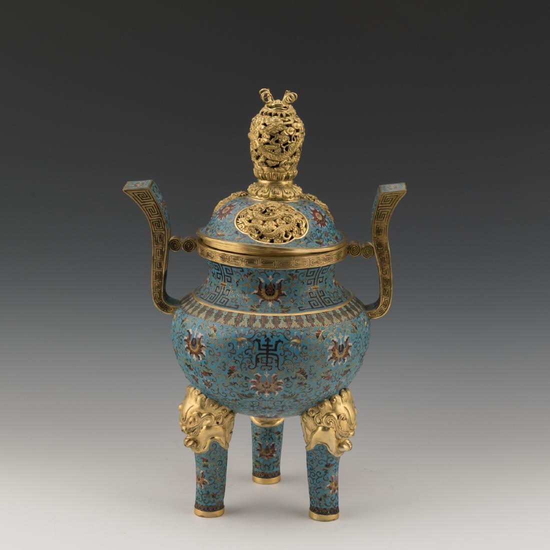 QING GILT BRONZE CLOISONNE COVERED TRIPOD CENSER (1 of 5)