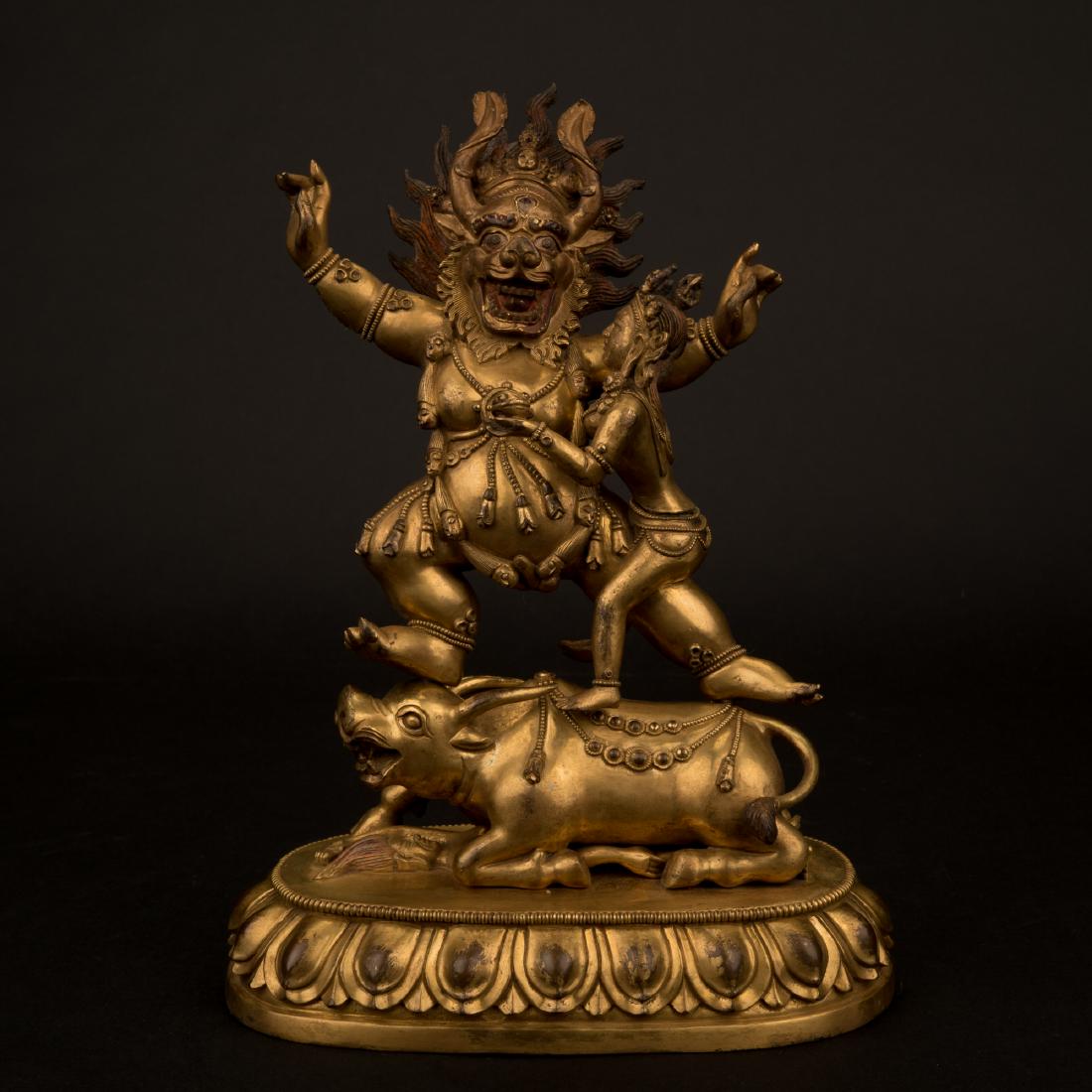 17/18TH QING GILT BRONZE BUDDHA YAMA DHARMARAJA: 17/18th Century Chinese Tibetan Qing Dynasty gilt bronze Buddha deity figure of Yama Dharmaraja, the Lord of Death, King of the Law, protector of the Vajrabhairava (Yamantaka) cycle of tantras. With o