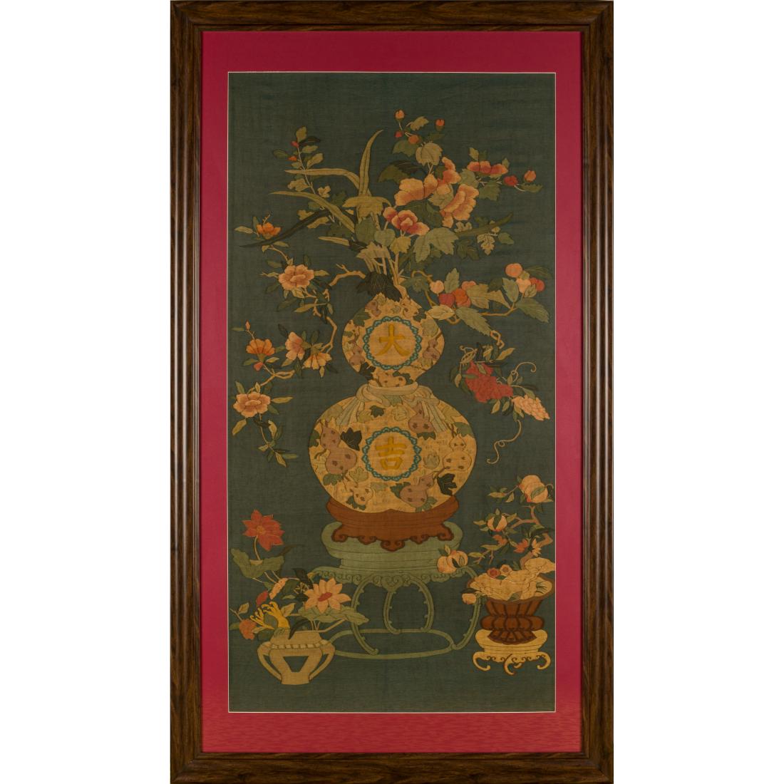 19TH C FRAMED DOUBLE GOURD DAJI SILK KESI (1 of 3)