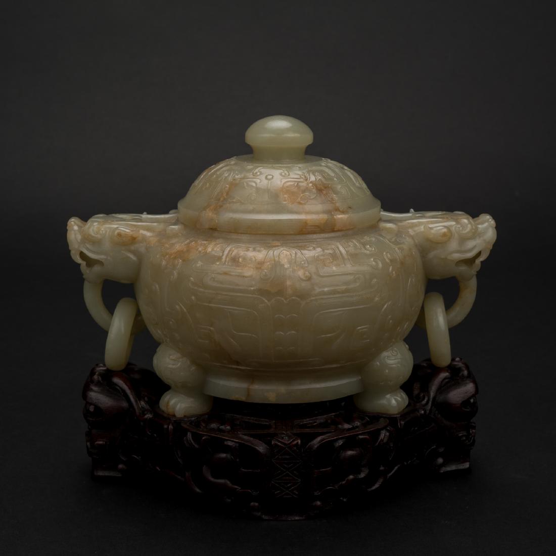 JADE TRIPOD CENSER IN TAOTIE RELIEF ON STAND (1 of 13)