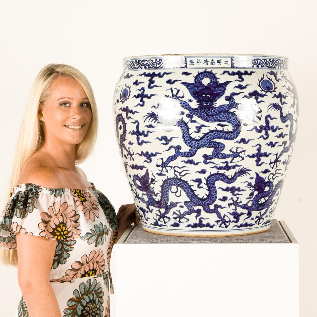 LARGE MING JIAJING BLUE & WHITE DRAGON FISH POND (1 of 8)