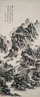 1949, HUANG BINHONG LANDSCAPE SCROLL PAINTING: Huang Binhong (&#40643;&#36051;&#34425;; 1865-1955) Chinese traditional scroll painting, grisaille ink on paper laid to silk, hanging scroll. Signed and dated, in 85th years old (ca. 1949). Architectu