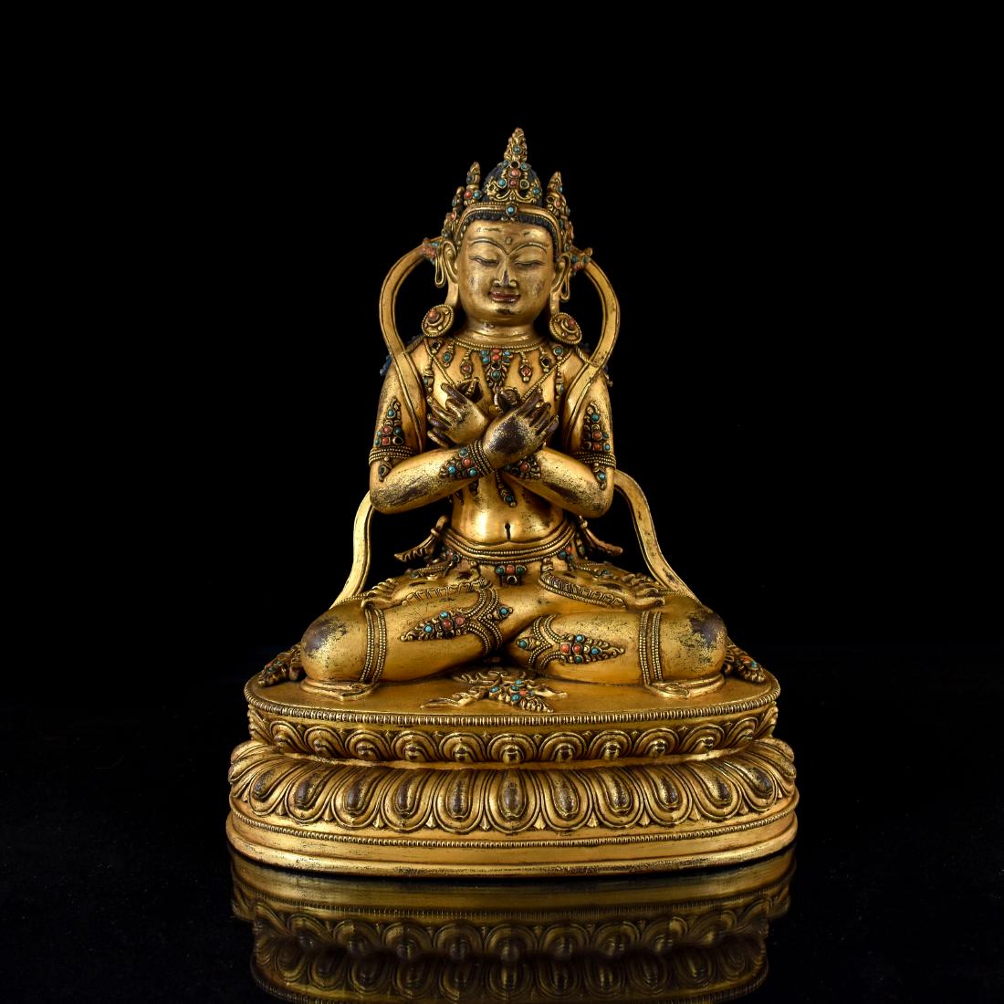 MING GILT BRONZE & STONES INLAID  VAJRADHARA BUDDHA (1 of 10)