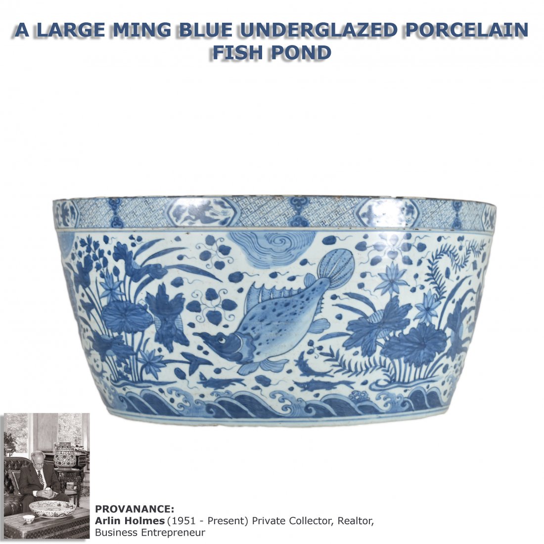LARGE MING BLUE UNDERGLAZED PORCELAIN FISH POND (1 of 11)