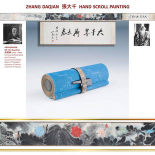 1946, ZHANG DAQIAN LOTUS LONG HAND SCROLL PAINTING: Zhang Daqian (&#24373;&#22823;&#21315;; 1899-1983) Chinese traditional painting, ink and color on paper laid to silk, Long hand scroll, signed and dated, in the Autumn months of Bingxu year (ca. 1946)