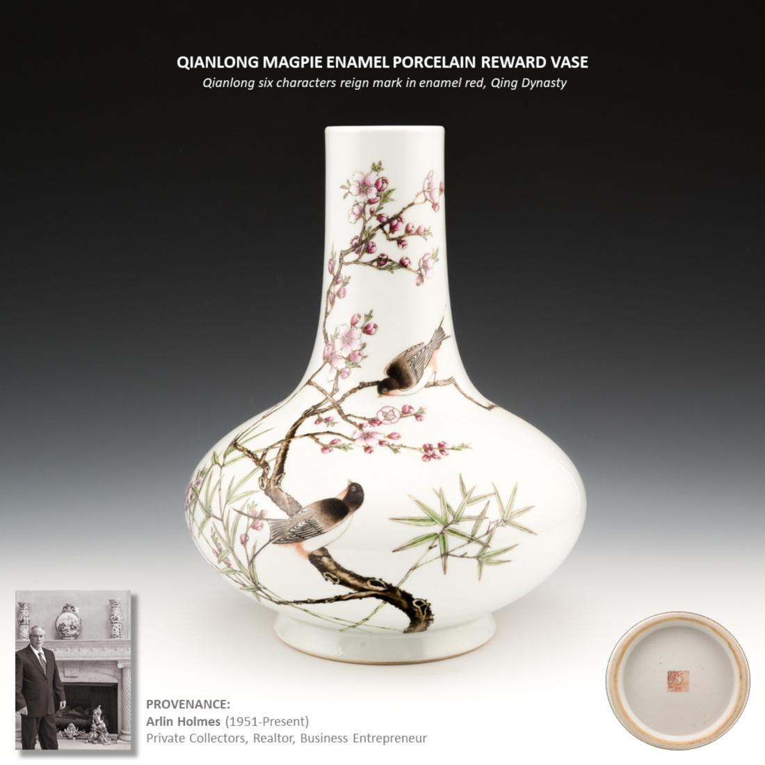 EXTRAORDINARY QIANLONG MAGPIE ENAMEL REWARD VASE (1 of 5)