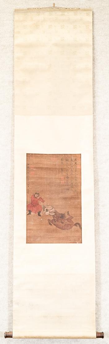QING CHINESE SILK PAINTING SCROLL OF MAN & HORSE (1 of 10)