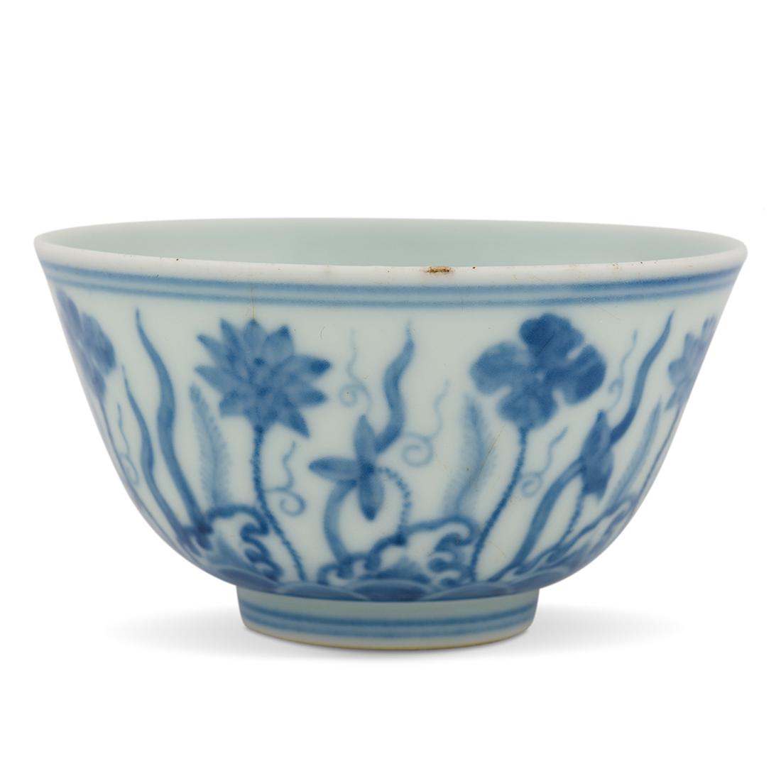 MING CHENGHUA BLUE & WHITE LOTUS POND BOWL: Chinese Ming Dynasty Chenghua reign period blue and white porcelain bowl. With simply gently rounded side emerging steeply to a slightly everted rim, raised on concave footed ring base, with a double 