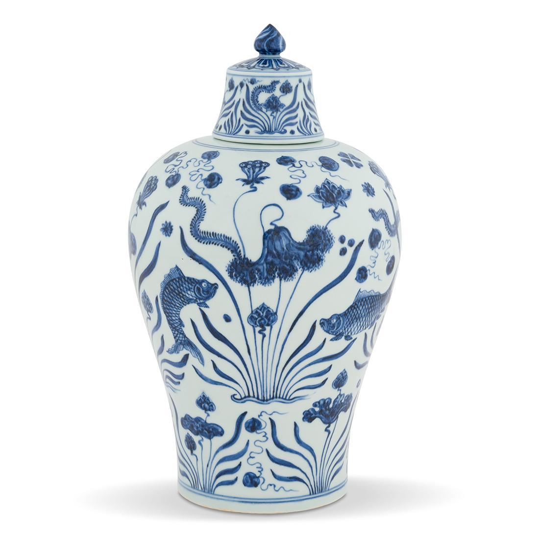 15TH C XUANDE BLUE & WHITE LIDDED MEIPING JAR: MAGNIFICENT, 15th C. Chinese Ming Dynasty Xuande reign period (27 June 1425 - 31 January 1435) blue and white fish pond motif lidded Meiping jar. Thick Chinese porcelain shaped into a traditional Meip