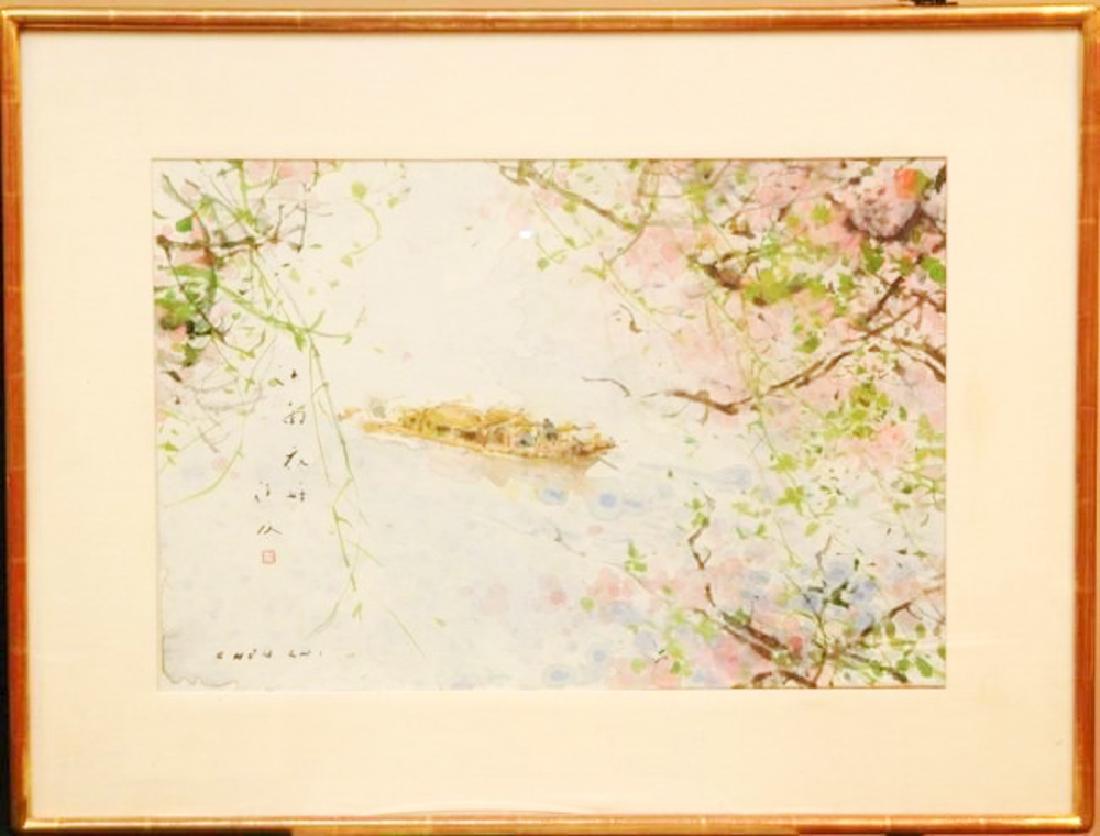 CHEN CHI WATER COLOR SPRING TIME FRAMED: Chinese traditional watercolor, CHEN CHI (American/Chinese, 1912-2005) 'Spring Time' ; Signed & Stamped, Framed Watercolor on paper depicting junk boat on a river through branches with blooming pink f