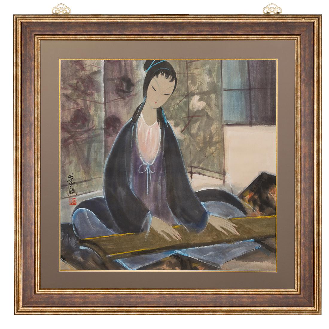 LIN FENGMIAN (1900-1991) LADY WITH HARP, FRAMED: Lin Fengmian (æž—風çœ , 1900-1991) Framed watercolor on paper. A modern Chinese painting by blending Chinese and Western styles, with opaque color depicting female 