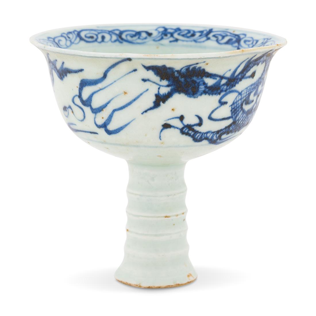 YUAN BLUE & WHITE DRAGON PORCELAIN HIGH BOWL: Chinese Yuan / Early Ming Dynasty blue and white dragon porcelain high stem cup. The Chinese porcelain bowl potted of shallow vessel, rounded cavetto emerged steep round sides further to flat wide ope