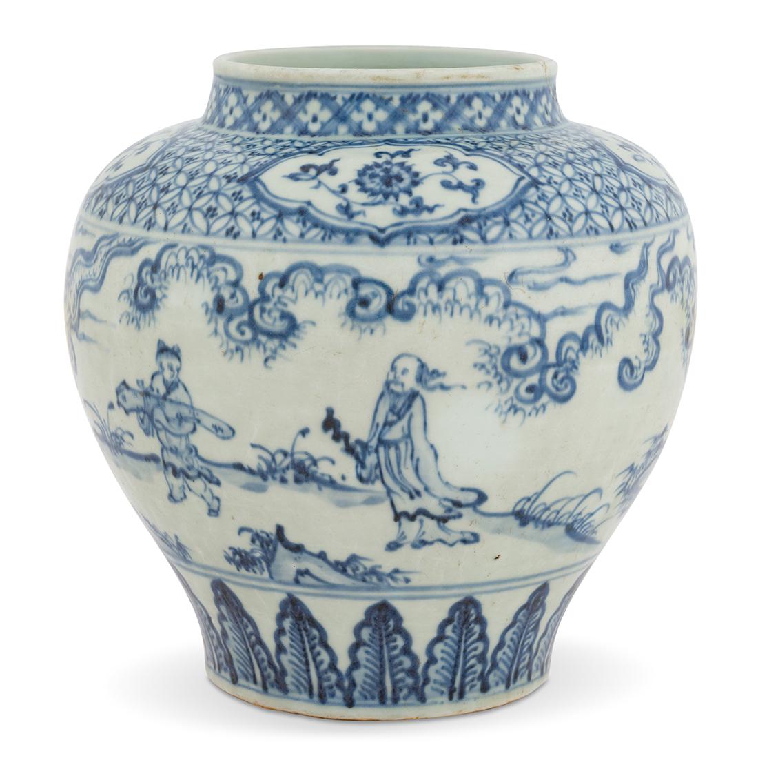 MING BLUE & WHITE FIGURINES PORCELAIN JAR: Chinese Ming Dynasty blue and white figurines porcelain jar. Having thick body, sturdily potted in a bulbous body, gently tapered on shoulder toward prominent straight neck with wide opening. The exte