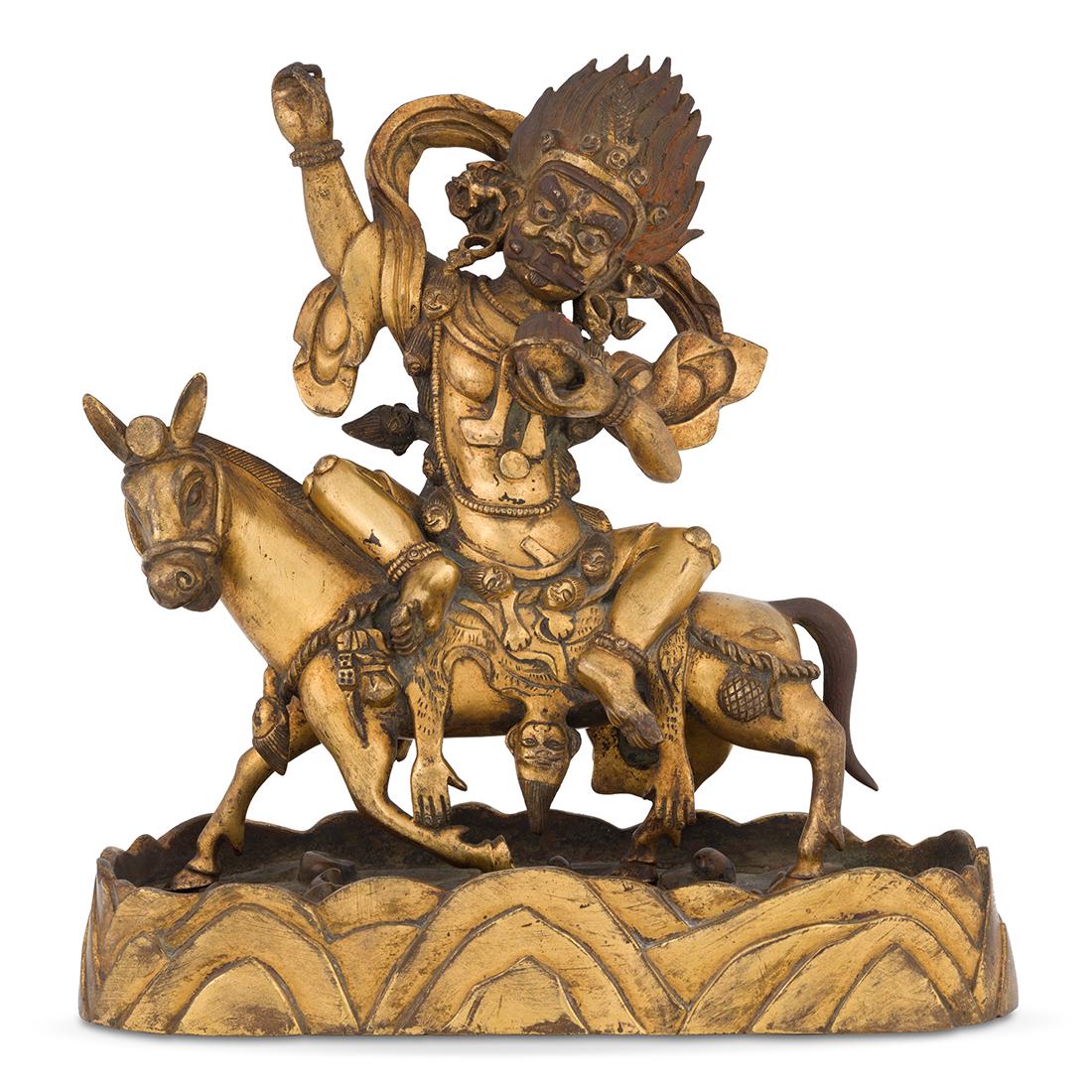 GILT BRONZE BUDDHA DEITY MAGZOR GYALMO, SHRI DEVI: Chinese Tibetan Qing Dynasty gilt bronze Buddha deity figure of Magzor Gyalmo, Shri Devi, The Queen of the Weapon Army, Glorious Goddess, wrathful form of the goddess Sarasvati. Shri Devi Remati, Quee