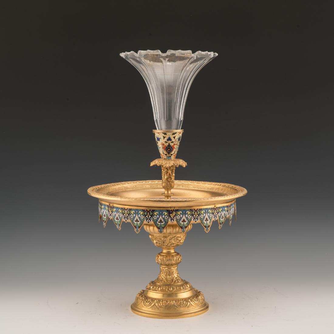 LARGE CHAMPLEVE AND GILT BRONZE CENTERPIECE: A large champlevÃ© and gilt bronze centerpiece Measurements: 20.63" H x 12.75" Dia (52.4 x 32.4 cm)