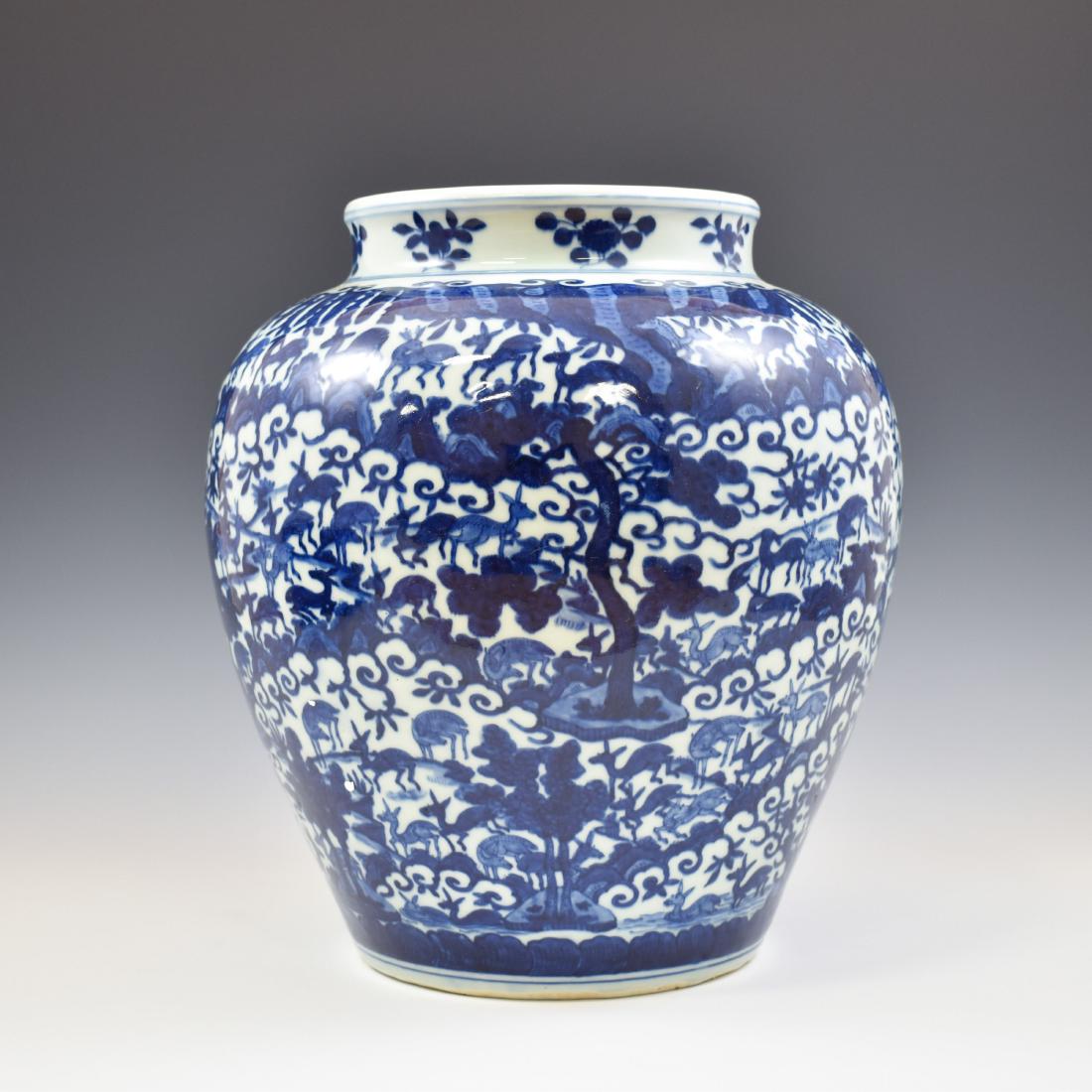 WANLI BLUE & WHITE HUNDRED DEER JAR: MAGNIFICENT, Chinese Ming Dynasty Wanli porcelain Jar. Sturdy potted porcelain jar with robust shoulder region curving into a feminine waist that extends all the way to the bottom forming the raised c